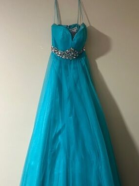 Strapless Turquoise Prom Dress with Jeweled Waist